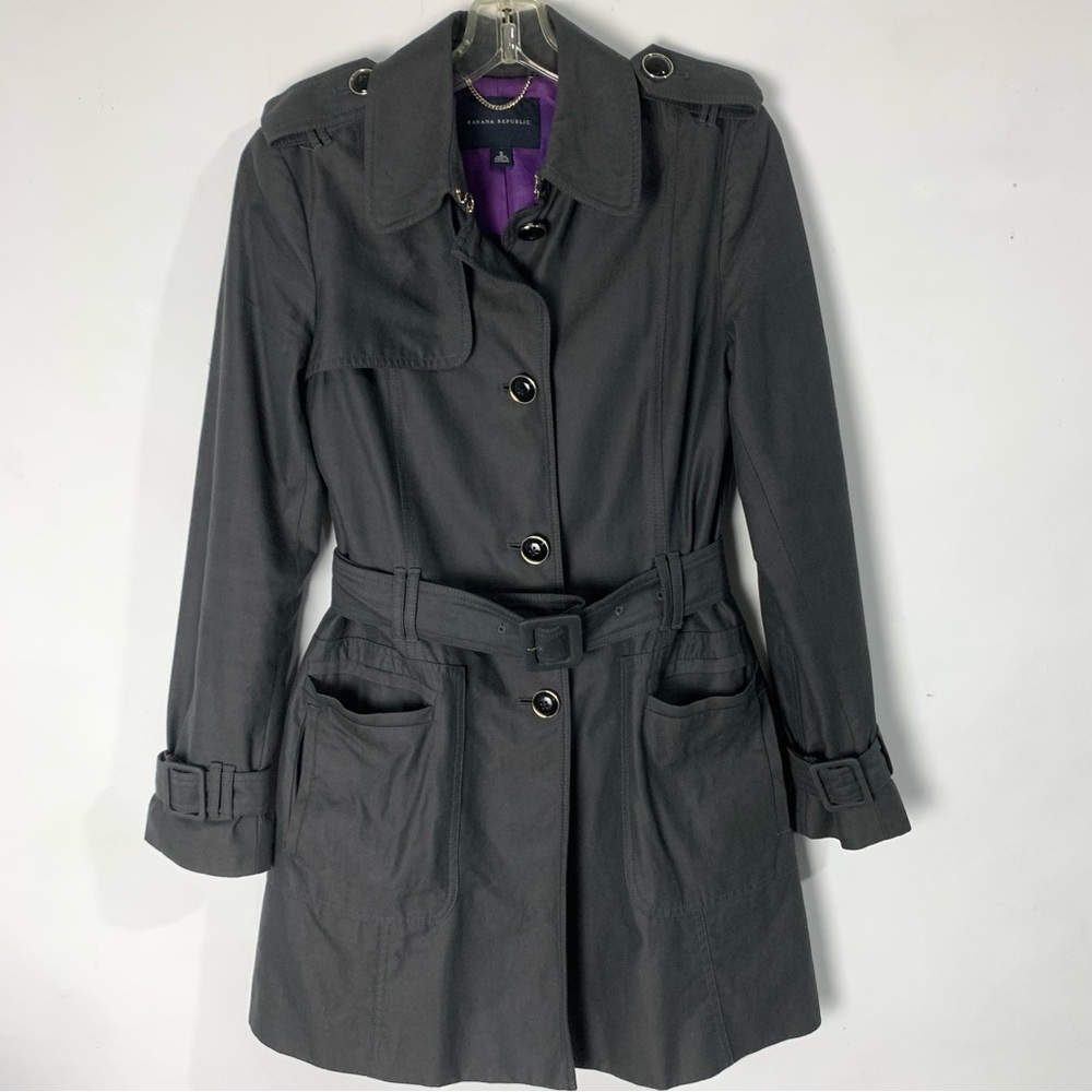 Drk gray Banana REPUBLIC Midi Trench a  purple satin lining beautiful details SM